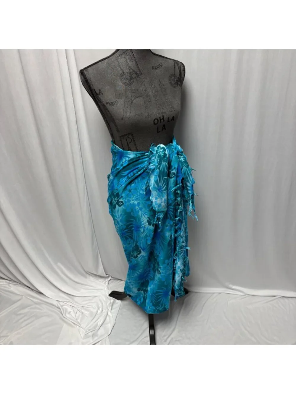 Hawaiian Floral Blue Scarf Fringe Shawl Sarong Wrap Cover Up Fashion Accessory
